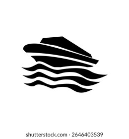 The black motorboat silhouette, on a clean white background, is ideal for icons, logos or design elements related to water and navigation.