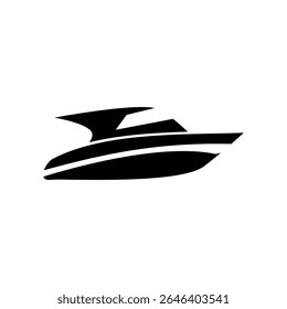 The black motorboat silhouette, on a clean white background, is ideal for icons, logos or design elements related to water and navigation.