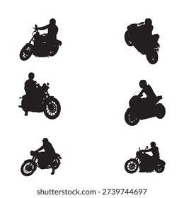 Black motorcycle rider silhouettes in multiple riding poses isolated on white background. Ideal for racing, transport, biker and automotive themed designs.