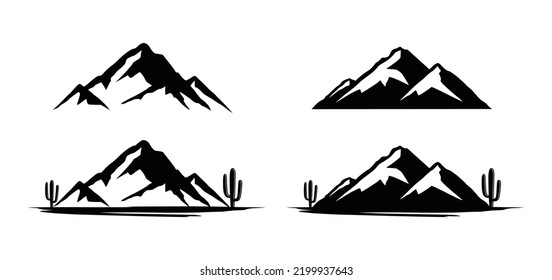 Black mountain with cactus illustration symbol icon vintage logo vector set