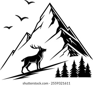 black mountain with deer, trees, birds vector silhouette best for adventure, logo, outdoor, nature, decorative elements