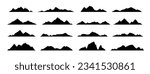 Black mountain, hill and rock silhouettes. Vector rocky ranges and ridges with snow peaks and tops. Mountain nature landscape silhouettes, hiking sport, tourism, outdoor adventure and camping themes