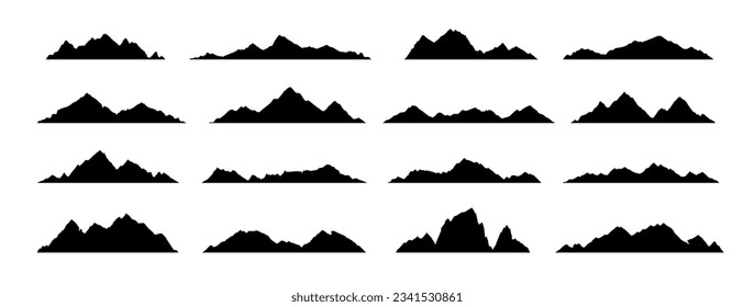 Black mountain, hill and rock silhouettes. Vector rocky ranges and ridges with snow peaks and tops. Mountain nature landscape silhouettes, hiking sport, tourism, outdoor adventure and camping themes