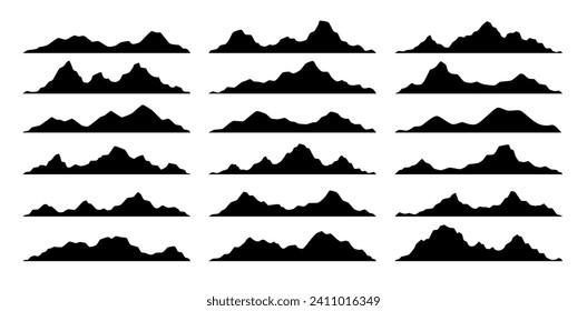 Black mountain, hill and rock silhouettes, rocky landscape shapes. Isolated vector range of hills, monochrome ridges. Alps with summit peaks set for adventure, rocks climbing, travel and hiking