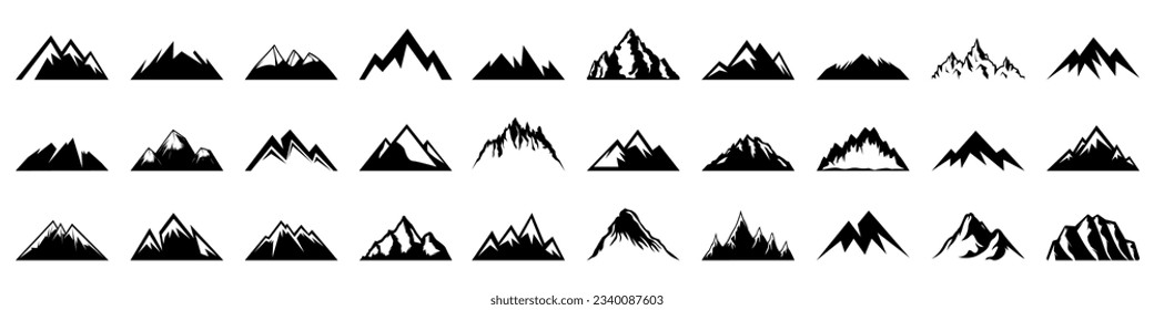 Black mountain icon collection. Set of black mountain logo. Adventure, camping, hiking logo collection