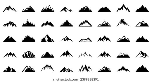 Black mountain icon collection. Set of black mountain logo. Adventure, camping, hiking logo collection