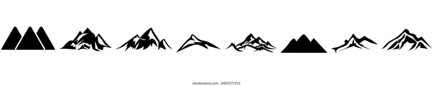 Black mountain icon collection. Set of black mountain logo. Adventure, camping, hiking logo collection.