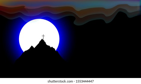 Black mountain landscape. Huge luminous moon and cross EPS10