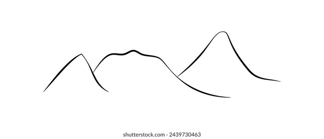 Línea de montaña negra. Simple paisaje mínimo. Silueta lineal de montañas. Icono de contorno de picos rocosos, línea de contorno. Elemento para cubierta, impresión, diseño ecológico. Ilustración vectorial en blanco.