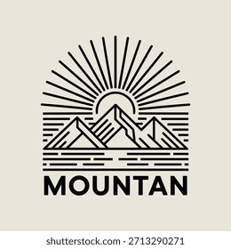 Black mountain logo with sun and lines on beige background