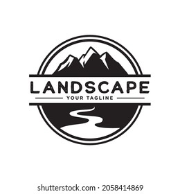 Black Mountain Nature with River Circle Vintage Company Logo Stamp Template