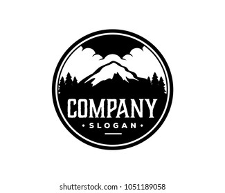 Black Mountain on the Forest with Cloud Sign Symbol Vintage Circle Logo Vector