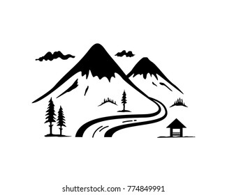 Black Mountain with Pine Tree, River, Hut, and Cloud Illustration Logo Design