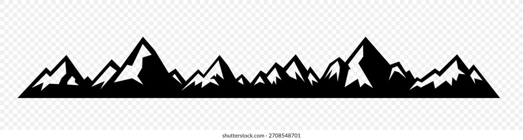 Schwarze Bergkette mit schneebedeckten Gipfeln. Minimalistisch gezackter Gratrandvektor für Abenteuer, Klettern, Trekking und Outdoor-Design