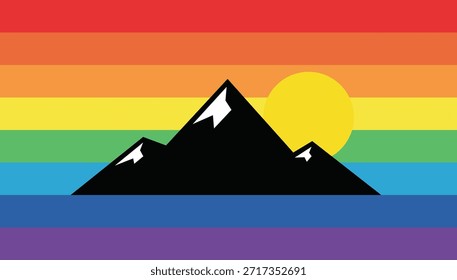 Black mountain range with white peaks against rainbow stripes and yellow sun mountains landscape