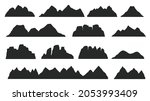 Black mountain ridge landscape silhouette, rocky terrain elements. Mountains peaks, hills, icebergs outdoor landscape silhouettes vector set. Nature cliffs and volcano shape for logo
