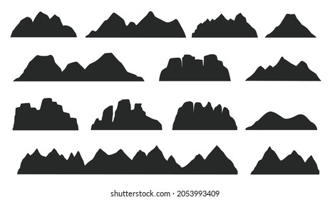 Silueta de paisaje de montaña negra, elementos de terreno rocoso. Montañas picos, colinas, icebergs paisajes exteriores siluetas vectoriales. Acantilados naturales y forma de volcán para el logotipo