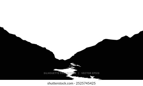 Schwarze Berg Silhouette Kunst mit Fluss in der Mitte 