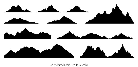 Schwarze Bergsilhouette einzeln auf weißem Hintergrund. Natur Panorama Linie Design. Outdoor-Aktivität und Abenteuerkonzept.