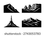 Black mountain silhouettes including grand canyon style cliffs and sharp rocky peaks. Set of four landscape elements for hiking camping and wilderness travel design.