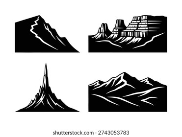 Black mountain silhouettes including grand canyon style cliffs and sharp rocky peaks. Set of four landscape elements for hiking camping and wilderness travel design.