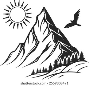 black mountain with sun, birds icon vector silhouettes best for adventure, logo, outdoor, nature, decorative elements