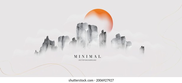 Black mountain and sun golden line arts background vector. Oriental Luxury landscape background design with watercolor brush and gold line texture. Wallpaper design, Wall art for prints.