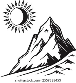 black mountain with sun icon vector silhouette best for adventure, logo, outdoor, nature, decorative elements