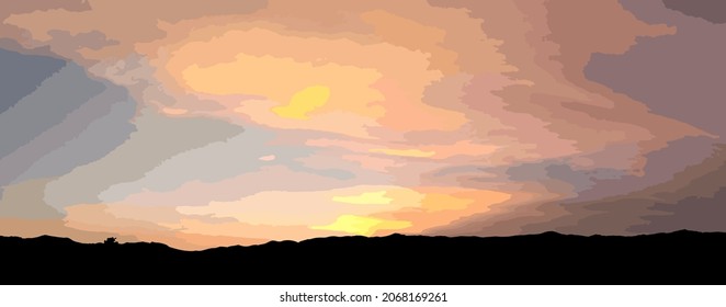 Montaña negra con cielo atardecer como fondo abstracto. Ilustración vectorial.