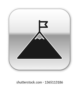 Black Mountains and flag on top icon isolated on white background. Symbol of victory or success concept. Silver square button. Vector Illustration