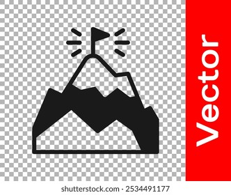 Montañas negras con la bandera en el icono superior aislado en fondo transparente. Símbolo de victoria o concepto de éxito. Logro del objetivo.  Vector