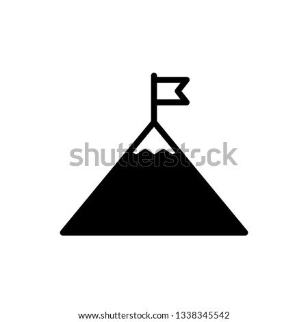 Black Mountains and flag on top icon isolated on white background. Symbol of victory or success concept. Vector Illustration