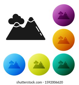 Black Mountains icon isolated on white background. Symbol of victory or success concept. Set icons colorful circle buttons. Vector Illustration