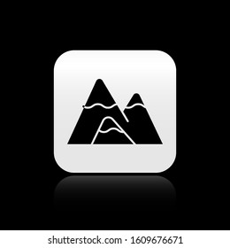 Black Mountains icon isolated on black background. Symbol of victory or success concept. Silver square button. Vector Illustration