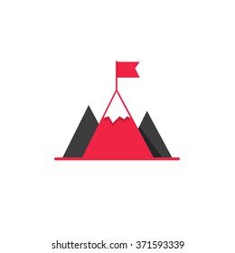 Black mountains with red flag on top vector logo, concept of leadership emblem, achievement success, mission symbol, mountaineering, hiking brand modern flat design isolated on white background