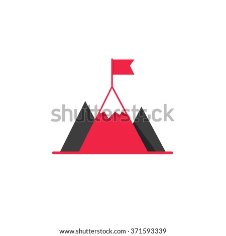 Black mountains with red flag on top vector logo, concept of leadership emblem, achievement success, mission symbol, mountaineering, hiking brand modern flat design isolated on white background