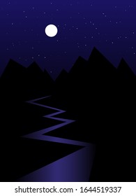 black mountains silhouettes, river, starry night and full moon