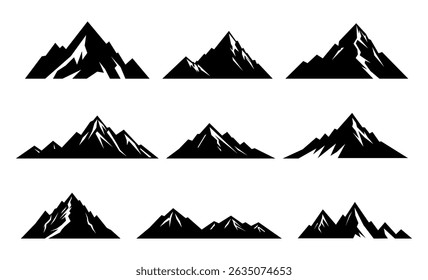 Conjunto De Silhuetas De Montanhas Pretas, Isolado Sobre Fundo Branco. Ilustração de vetor