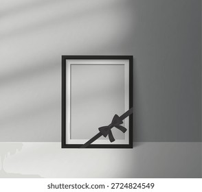 Black mourning frame with ribbon bow standing on the floor, realistic memorial mockup with soft window shadow overlay, perfect for funeral tribute, condolence card, and remembrance design.