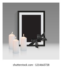 Black mourning frame with black ribbon and burning candles isolated on gray background. Vector design element