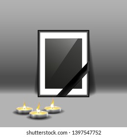 Black mourning frame with black ribbon and burning candles isolated on gray background. Vector