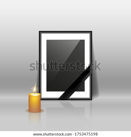 Black mourning frame with black ribbon and burning candles isolated on gray background. Vector