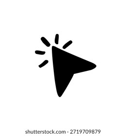 Icono negro de la flecha del cursor del ratón con las líneas de acción del Hacer clic, aisladas en el fondo blanco. Representa el clic, la interacción, la acción de la interfaz de usuario y los conceptos de navegación digital.