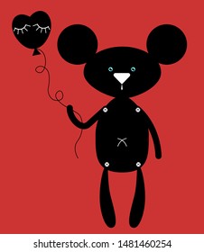 Black mouse holding ballon. Vector illustration, postcard, print and design element.