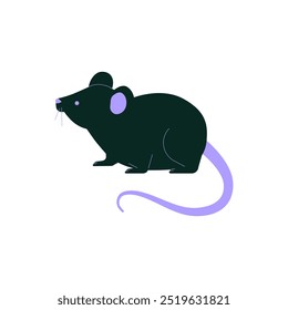 Ratón negro con una cola púrpura sentado con calma. Ilustración vectorial plana que representa roedores, control de plagas y estudios animales, aislados sobre fondo blanco.