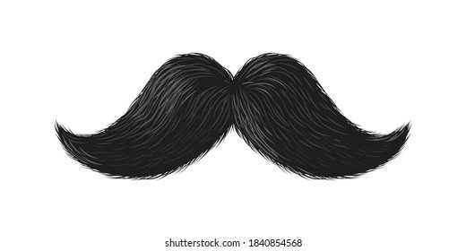 Black moustache. Cute curly simple mustache, hipster barbershop fashion logo, humor party photobooth props, groom silhouette symbol, human face hair male whisker vector isolated on white illustration