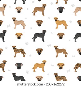 Black mouth cur seamless pattern. Different coat colors and poses set.  Vector illustration