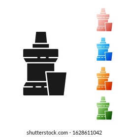 Black Mouthwash plastic bottle and glass icon isolated on white background. Liquid for rinsing mouth. Oralcare equipment. Set icons colorful. Vector Illustration