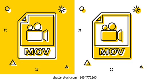 Black MOV file document. Download mov button icon isolated on yellow and white background. MOV file symbol. Audio and video collection. Random dynamic shapes. Vector Illustration