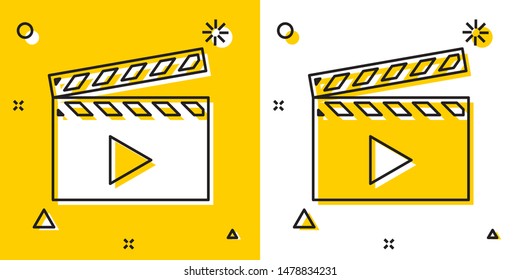 Black Movie clapper icon isolated on yellow and white background. Film clapper board. Clapperboard sign. Cinema production or media industry concept. Random dynamic shapes. Vector Illustration